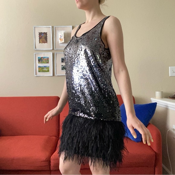 Michael Kors silver to black ombre sequin and feathers flapper tank dress - Picture 3 of 6